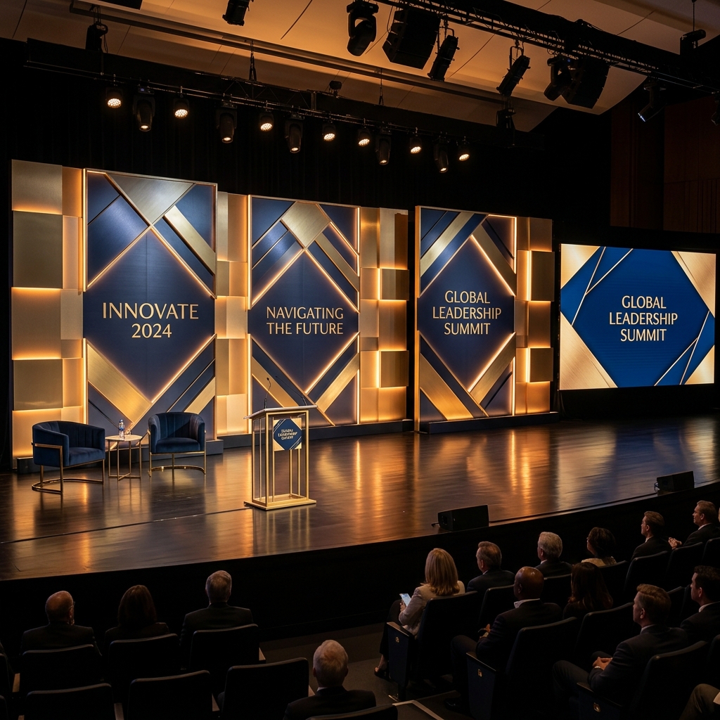 Corporate event stage backdrop and brand setup displays in Bangalore