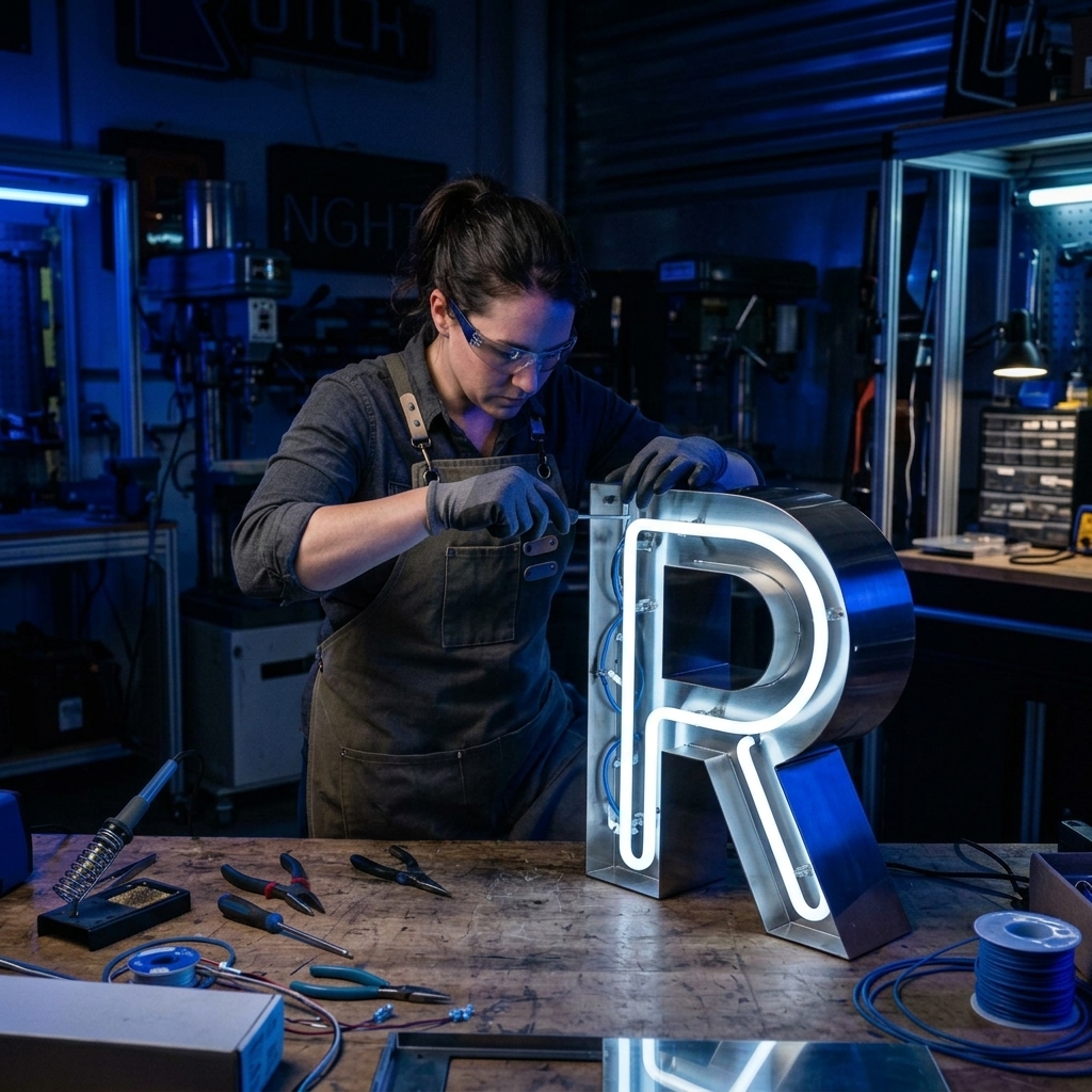 Signage craftsman polishing a stainless steel channel letter in the Bengaluru workshop